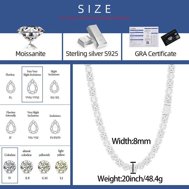 Iced Out Geometric Box Chain - VVS1 Moissanite x 925 Sterling Silver,Materials: 925 Sterling Silver Stone: VVS1 Moissanite (Passes) or Cubic Zirconia (Does Not Pass) Width: 8mm Introducing our Iced Out Geometric Box Chain, a stunning piece from The Diamon