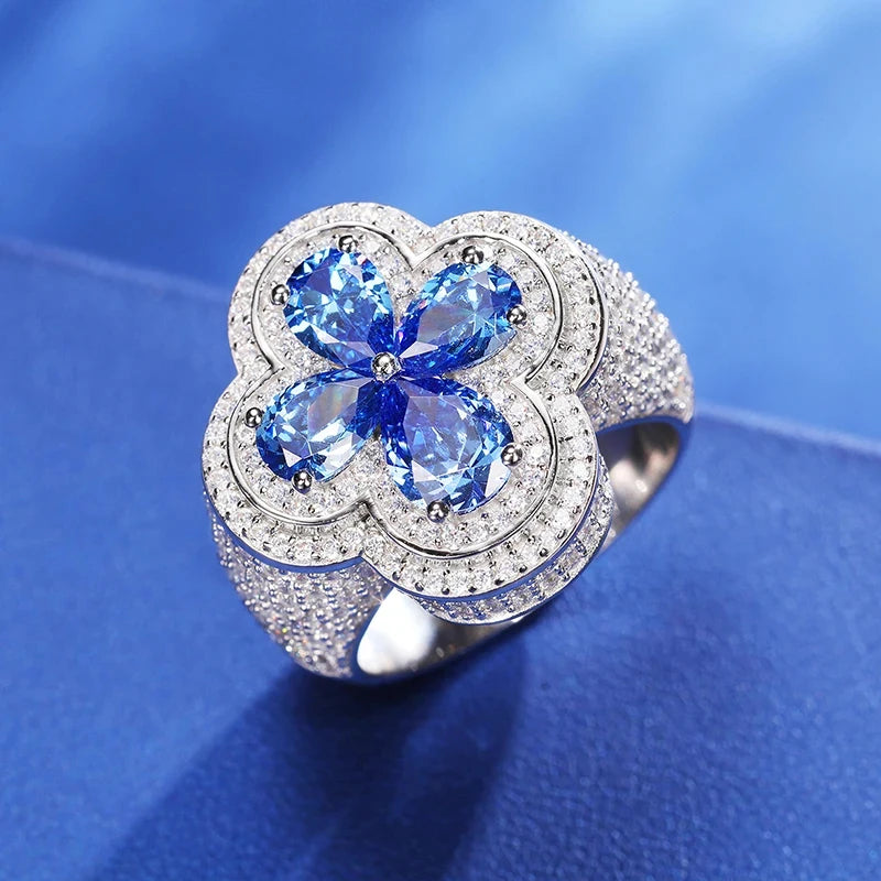 Iced Out Moissanite Clover Ring - VVS1 Moissanite x 925 Sterling SIlver, Diamonds,Moissanite,ring, Moissanite Jewelry