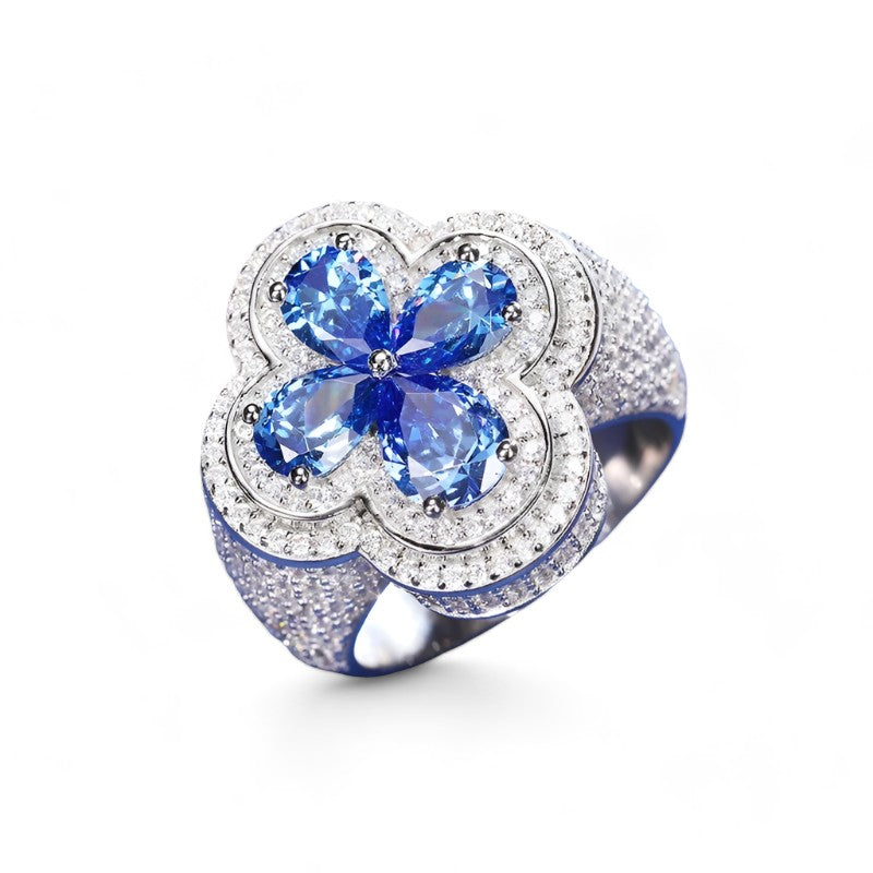 Iced Out Moissanite Clover Ring - VVS1 Moissanite x 925 Sterling SIlver, Diamonds,Moissanite,ring, Moissanite Jewelry