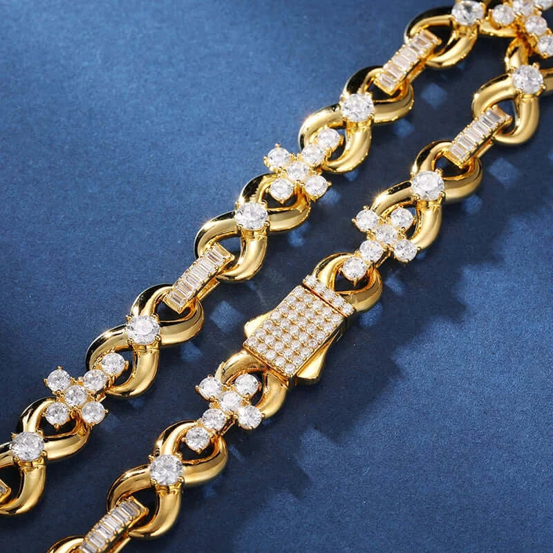 Iced Out Cross Infinity Chain 8mm - VVS1 Moissanite x 925 Sterling Silver (24K Gold Plating), chain,Diamonds,Moissanite, Moissanite Jewelry