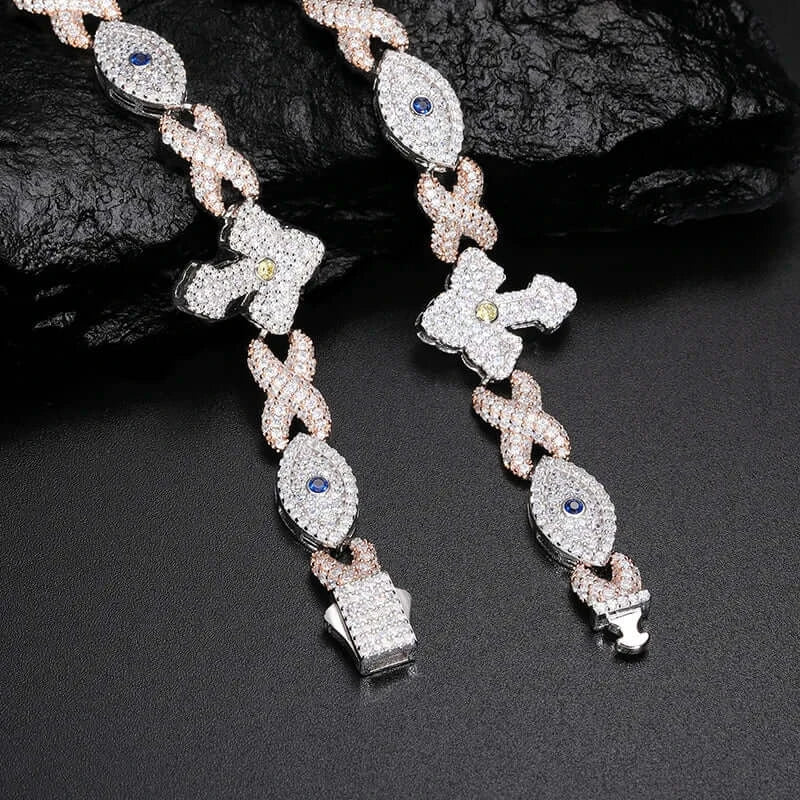 Iced Out Evil Eye Charm Chain 19.5mm - VVS1 Moissanite x 925 Sterling Silver with 18K Gold Plating, chain,Diamonds,Moissanite, Moissanite Jewelry
