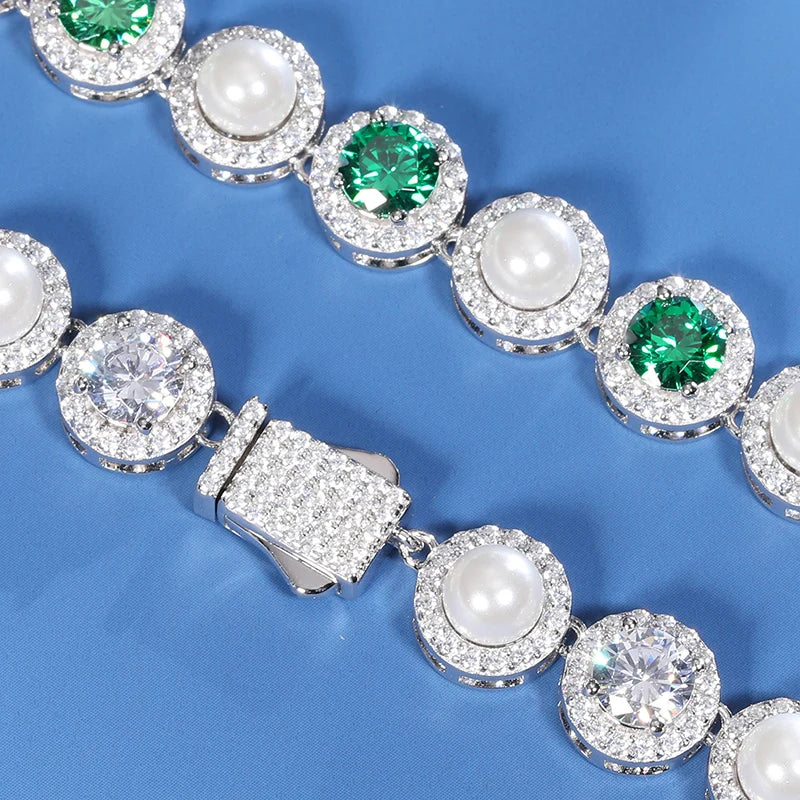 Iced Out Emerald and Pearl Tennis Chain 9.5mm - VVS1 Moissanite (Large Stone) x Cubic Zirconia (Green Stone) x 925 Sterling Silver, chain,Diamonds,Moissanite, Moissanite Jewelry