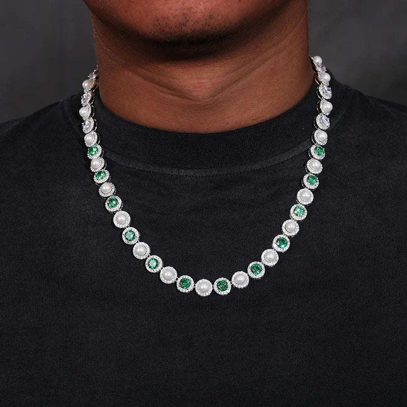 Iced Out Emerald and Pearl Tennis Chain 9.5mm - VVS1 Moissanite (Large Stone) x Cubic Zirconia (Green Stone) x 925 Sterling Silver, chain,Diamonds,Moissanite, Moissanite Jewelry