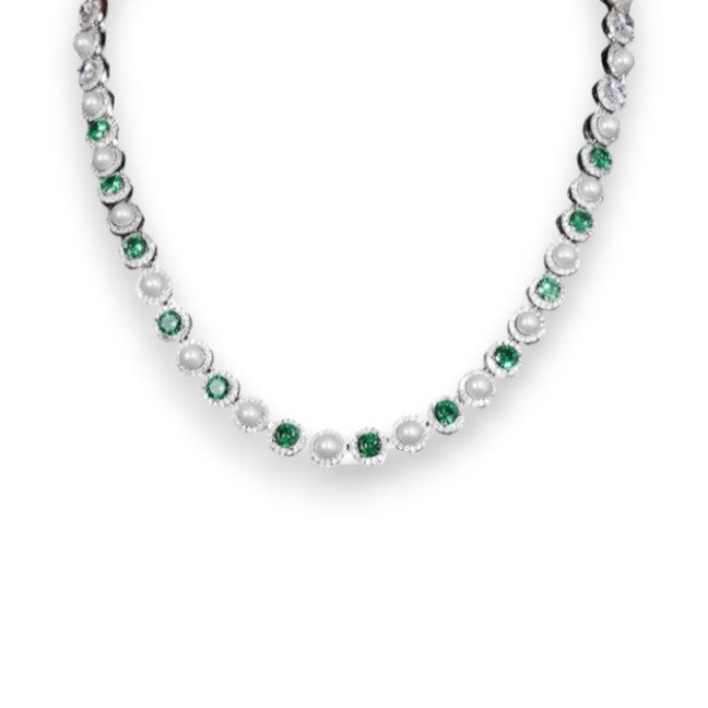 Iced Out Emerald and Pearl Tennis Chain 9.5mm - VVS1 Moissanite (Large Stone) x Cubic Zirconia (Green Stone) x 925 Sterling Silver