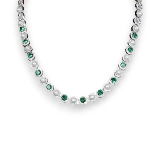 Iced Out Emerald and Pearl Tennis Chain 9.5mm - VVS1 Moissanite (Large Stone) x Cubic Zirconia (Green Stone) x 925 Sterling Silver