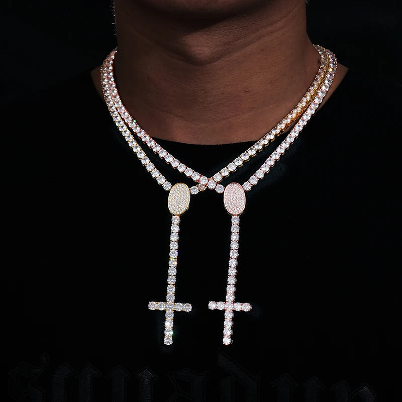 Iced Out Rosary Crosses 5mm - VVS1 Moissanite x 925 Sterling Silver with 18K PVD Gold Plating, chain,Diamonds,Moissanite, Moissanite Jewelry