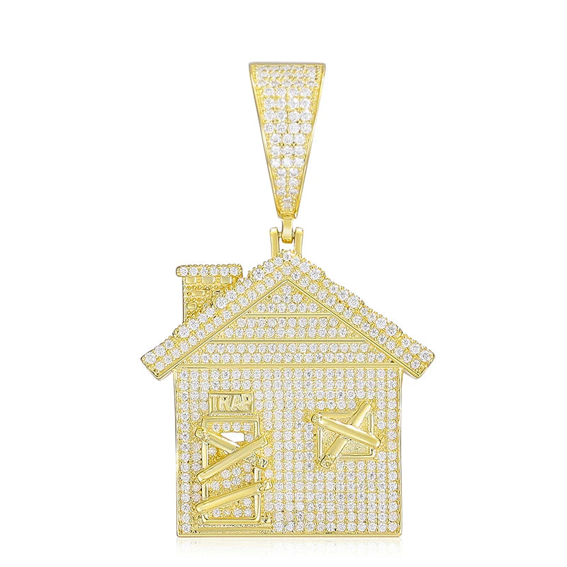 Iced Out Trap House Pendant - VVS1 Moissanite x 925 Sterling Silver (18K Gold Plating), Diamonds,Moissanite,Pendant, Moissanite Jewelry
