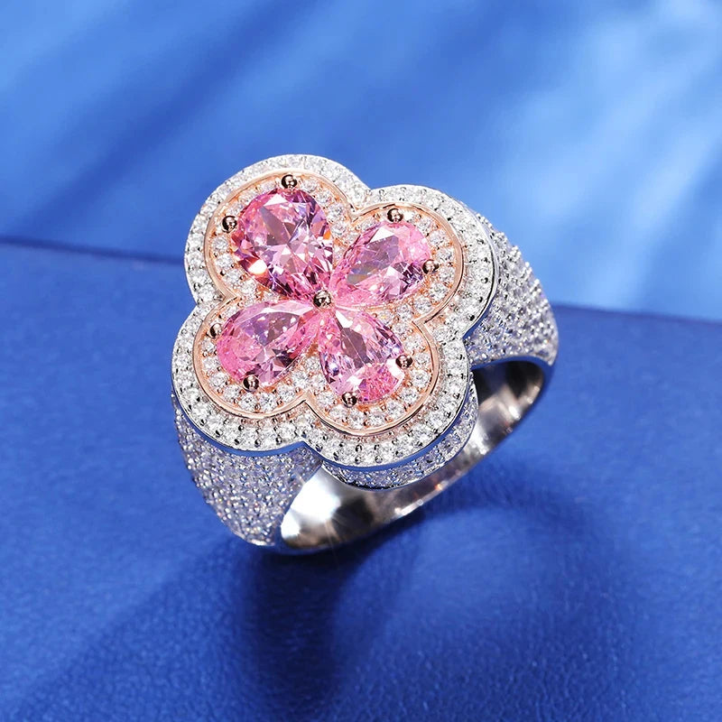 Iced Out Moissanite Clover Ring - VVS1 Moissanite x 925 Sterling SIlver, Diamonds,Moissanite,ring, Moissanite Jewelry