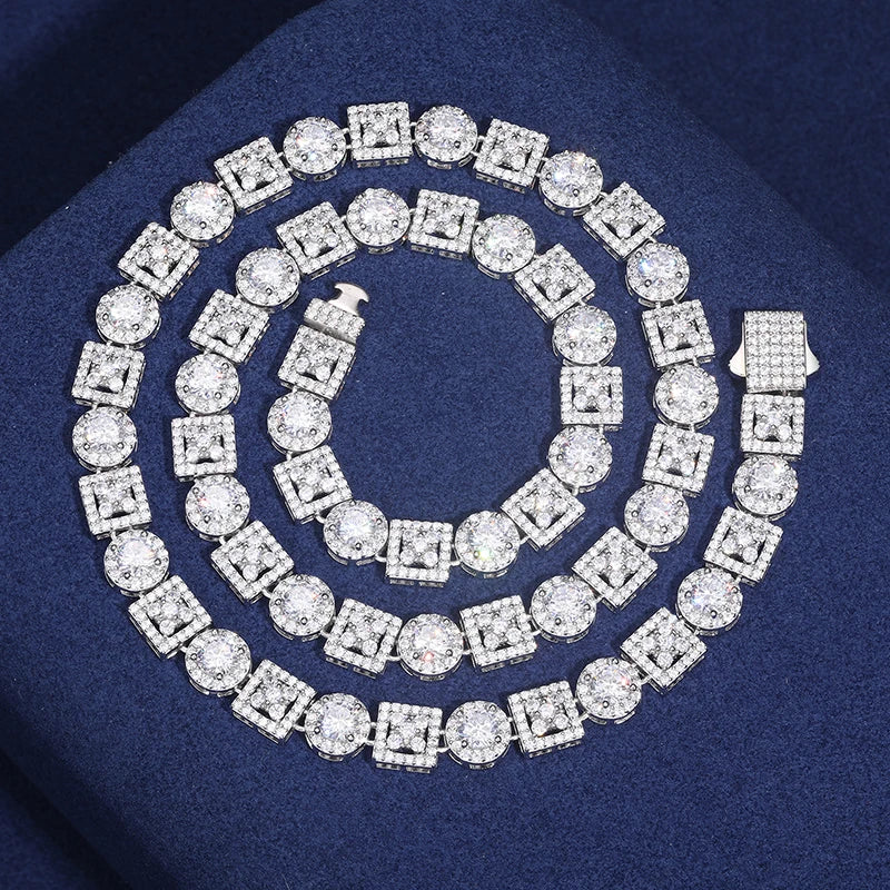 Iced Out Geometric Box Chain - VVS1 Moissanite x 925 Sterling Silver,Materials: 925 Sterling Silver Stone: VVS1 Moissanite (Passes) or Cubic Zirconia (Does Not Pass) Width: 8mm Introducing our Iced Out Geometric Box Chain, a stunning piece from The Diamon