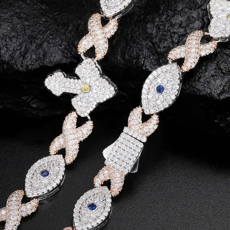 Iced Out Evil Eye Charm Chain 19.5mm - VVS1 Moissanite x 925 Sterling Silver with 18K Gold Plating, chain,Diamonds,Moissanite, Moissanite Jewelry