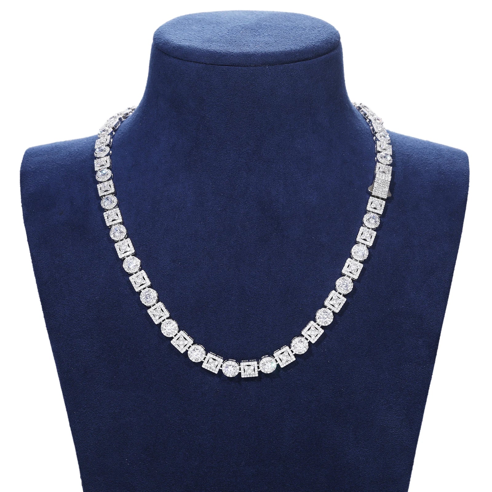 Iced Out Geometric Box Chain - VVS1 Moissanite x 925 Sterling Silver,Materials: 925 Sterling Silver Stone: VVS1 Moissanite (Passes) or Cubic Zirconia (Does Not Pass) Width: 8mm Introducing our Iced Out Geometric Box Chain, a stunning piece from The Diamon