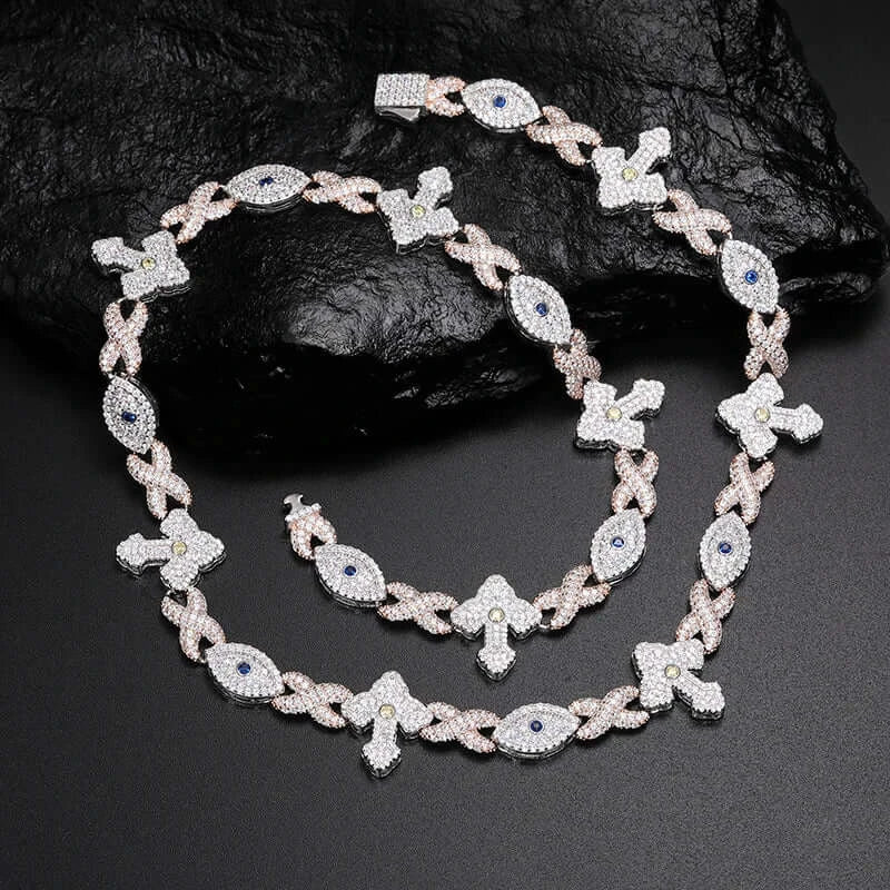 Iced Out Evil Eye Charm Chain 19.5mm - VVS1 Moissanite x 925 Sterling Silver with 18K Gold Plating, chain,Diamonds,Moissanite, Moissanite Jewelry