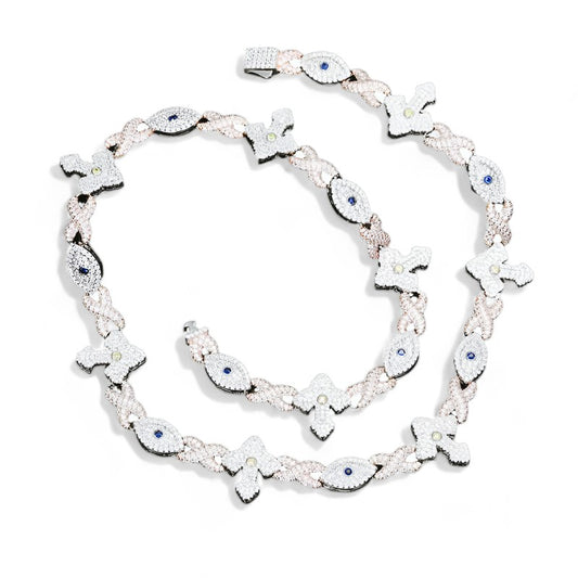 Iced Out Evil Eye Charm Chain 19.5mm - VVS1 Moissanite x 925 Sterling Silver with 18K Gold Plating, chain,Diamonds,Moissanite, Moissanite Jewelry