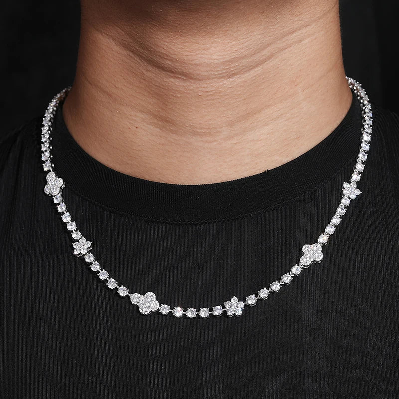 Iced Out Moissanite Flower Cross Chain 4mm - VVS1 Moissanite x 925 Sterling Silver, chain,Diamonds,Moissanite, Moissanite Jewelry