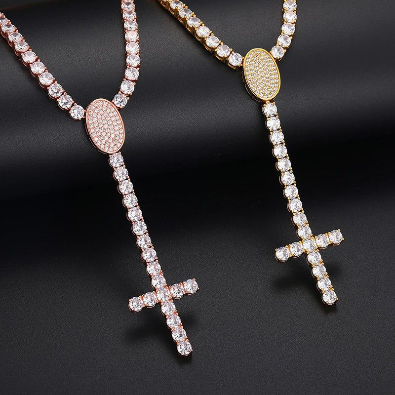 Iced Out Rosary Crosses 5mm - VVS1 Moissanite x 925 Sterling Silver with 18K PVD Gold Plating, chain,Diamonds,Moissanite, Moissanite Jewelry