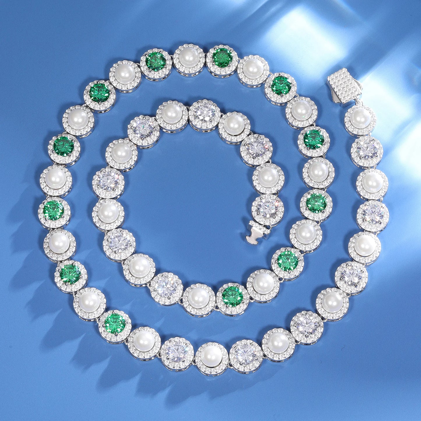 Iced Out Emerald and Pearl Tennis Chain 9.5mm - VVS1 Moissanite (Large Stone) x Cubic Zirconia (Green Stone) x 925 Sterling Silver, chain,Diamonds,Moissanite, Moissanite Jewelry