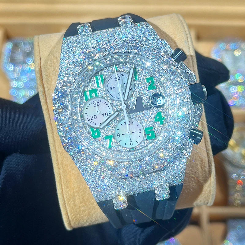 Iced Out Luxury Watches made of Stainless Steel and VVS1 Moissanite,Base: Stainless Steel Stones: VVS1 Moissanite (Passes Diamond Testers) Face: Quartz Introducing our Iced Out Luxury Watches, the epitome of sophistication and brilliance. Meticulously cra