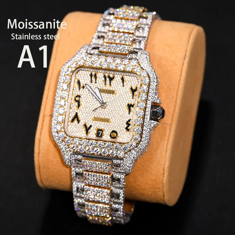 Iced Out Luxury Watches made of Stainless Steel and VVS1 Moissanite,Base: Stainless Steel Stones: VVS1 Moissanite (Passes Diamond Testers) Face: Quartz Introducing our Iced Out Luxury Watches, the epitome of sophistication and brilliance. Meticulously cra