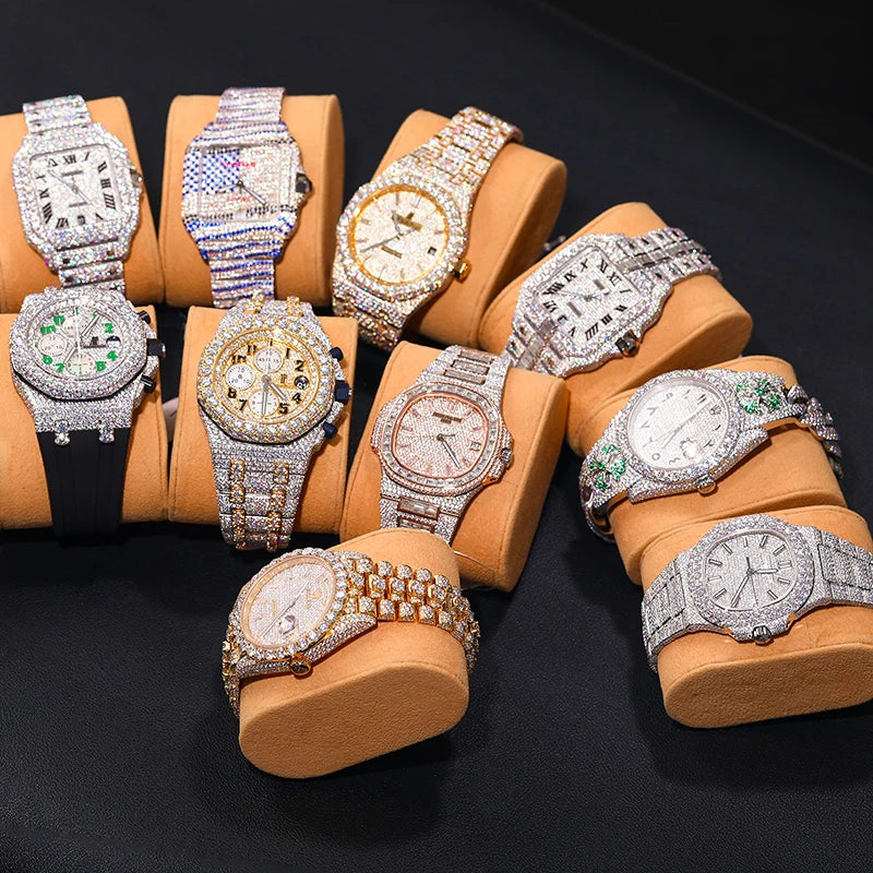 Iced Out Luxury Watches made of Stainless Steel and VVS1 Moissanite,Base: Stainless Steel Stones: VVS1 Moissanite (Passes Diamond Testers) Face: Quartz Introducing our Iced Out Luxury Watches, the epitome of sophistication and brilliance. Meticulously cra