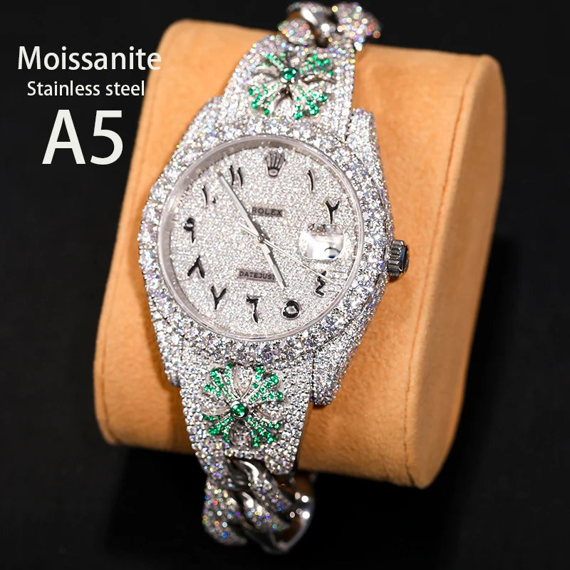 Iced Out Luxury Watches made of Stainless Steel and VVS1 Moissanite,Base: Stainless Steel Stones: VVS1 Moissanite (Passes Diamond Testers) Face: Quartz Introducing our Iced Out Luxury Watches, the epitome of sophistication and brilliance. Meticulously cra