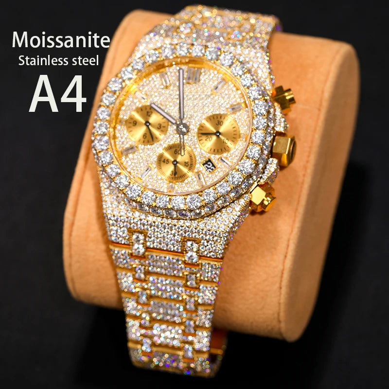 Iced Out Luxury Watches made of Stainless Steel and VVS1 Moissanite,Base: Stainless Steel Stones: VVS1 Moissanite (Passes Diamond Testers) Face: Quartz Introducing our Iced Out Luxury Watches, the epitome of sophistication and brilliance. Meticulously cra