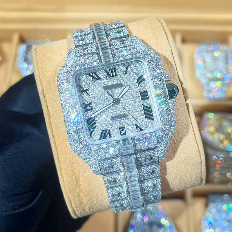 Iced Out Luxury Watches made of Stainless Steel and VVS1 Moissanite,Base: Stainless Steel Stones: VVS1 Moissanite (Passes Diamond Testers) Face: Quartz Introducing our Iced Out Luxury Watches, the epitome of sophistication and brilliance. Meticulously cra