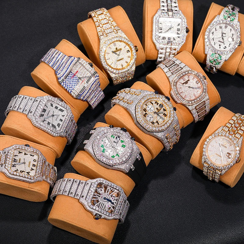 Iced Out Luxury Watches made of Stainless Steel and VVS1 Moissanite,Base: Stainless Steel Stones: VVS1 Moissanite (Passes Diamond Testers) Face: Quartz Introducing our Iced Out Luxury Watches, the epitome of sophistication and brilliance. Meticulously cra