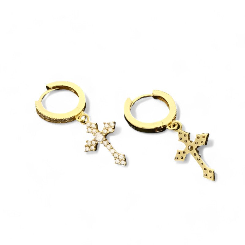 Iced Out Hanging Cross Earrings made with 925 Sterling Silver and VVS1 Moissanite with 18K Gold Plating