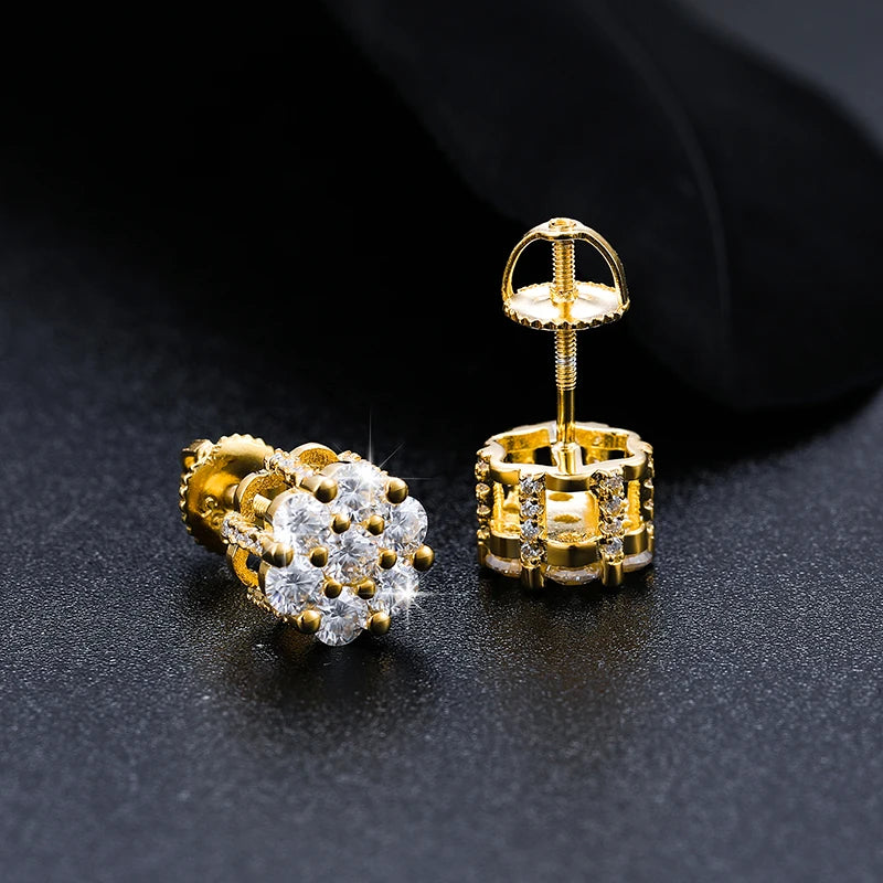 Iced Out honeycomb Studs made with 925 Sterling and VVS1 Moissanite (24K Gold Plating),Material: 925 Sterling Silver Stone: VVS1 Moissanite Plating: 24K Gold plating or Silver Elevate your style with our Iced Out Honeycomb Studs, masterfully crafted from