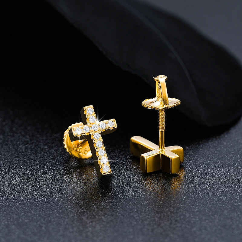 Iced Out Cross Studs made with 925 Sterling Silver and VVS1 Moissanite (24K Gold Plating),Material: 925 Sterling Silver Stone: VVS1 Moissanite Plating: 24K Gold Plating or Silver Discover the elegance and brilliance of our Iced Out Cross Studs. Expertly c