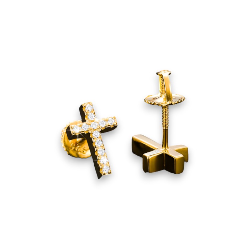 Iced Out Cross Studs made with 925 Sterling Silver and VVS1 Moissanite (24K Gold Plating),Material: 925 Sterling Silver Stone: VVS1 Moissanite Plating: 24K Gold Plating or Silver Discover the elegance and brilliance of our Iced Out Cross Studs. Expertly c