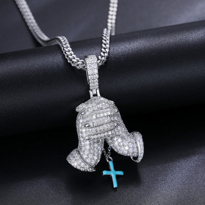 Iced Out Praying Hands Pendant - 925 Sterling Silver x VVS1 Moissanite, Diamonds,Moissanite,Pendant, Moissanite Jewelry