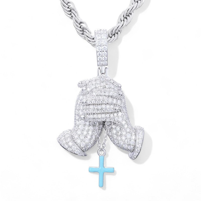 Iced Out Praying Hands Pendant - 925 Sterling Silver x VVS1 Moissanite, Diamonds,Moissanite,Pendant, Moissanite Jewelry