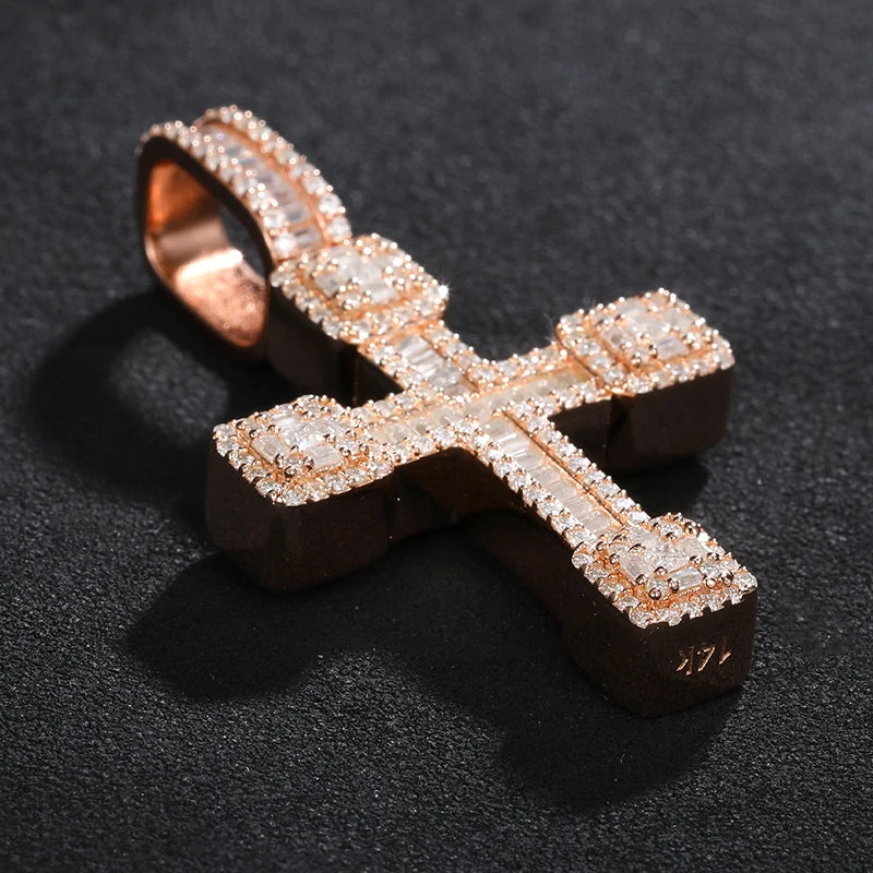 Iced out Baguette Cross Pendant - VVS1 Moissanite x 925 Sterling Silver (18K Rose Gold Plating), Diamonds,Moissanite, Moissanite Jewelry