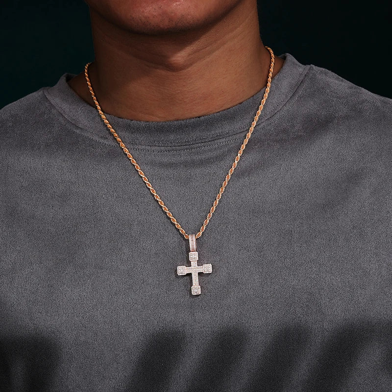 Iced out Baguette Cross Pendant - VVS1 Moissanite x 925 Sterling Silver (18K Rose Gold Plating), Diamonds,Moissanite, Moissanite Jewelry