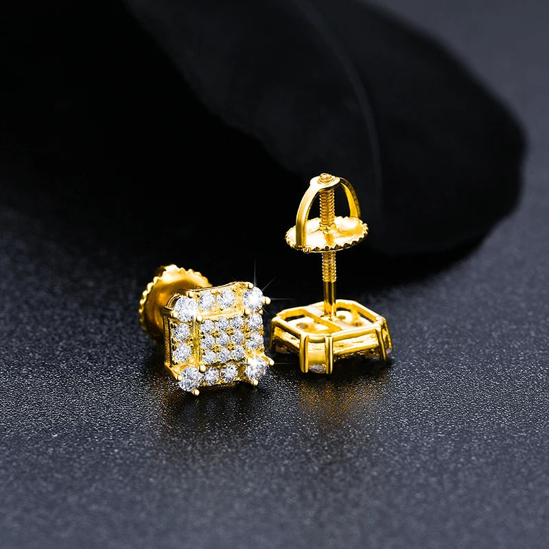 Iced Out Square Studded Studs made with 925 Sterling Silver and VVS1 Moissanite (24K Gold Plating),Material: 925 Sterling Silver Stone: VVS1 Moissanite Plating: 24K Gold Plating or Silver Add a touch of luxury to your jewelry collection with our Iced Out