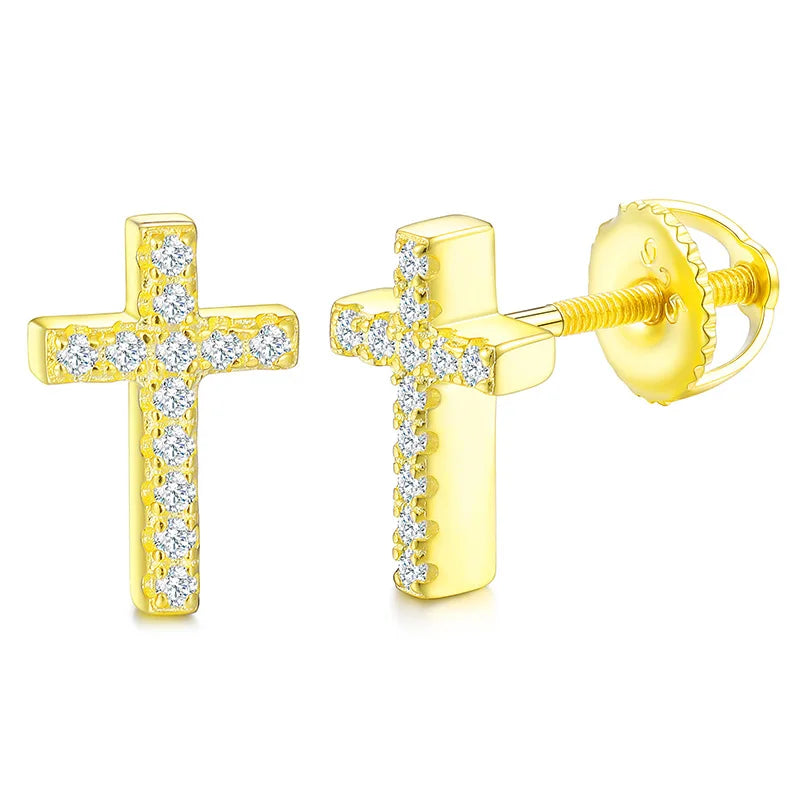 Iced Out Cross Studs made with 925 Sterling Silver and VVS1 Moissanite (24K Gold Plating),Material: 925 Sterling Silver Stone: VVS1 Moissanite Plating: 24K Gold Plating or Silver Discover the elegance and brilliance of our Iced Out Cross Studs. Expertly c