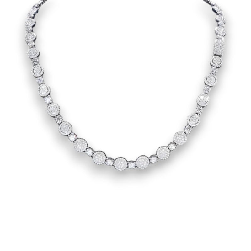 Iced Out Circular Beaded Chain 9mm - VVS1 Moissanite x 925 Sterling Silver,Material: 925 Sterling Silver Stone: VVS1 Moissanite Width: 9mm Elevate your jewelry collection with the Iced Out Circular Beaded Chain, a luxurious masterpiece crafted from the fi