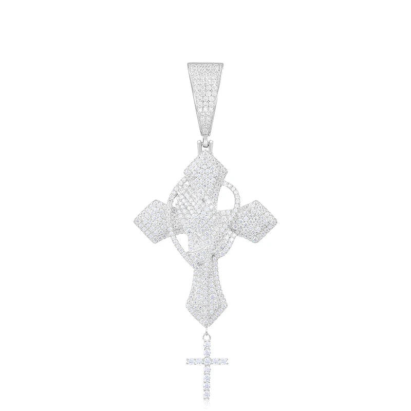 Iced Out Praying Hands Cross - VVS1 Moissanite x 925 Sterling Silver (Free Silver Chain), Diamonds,Moissanite,Pendant, Moissanite Jewelry