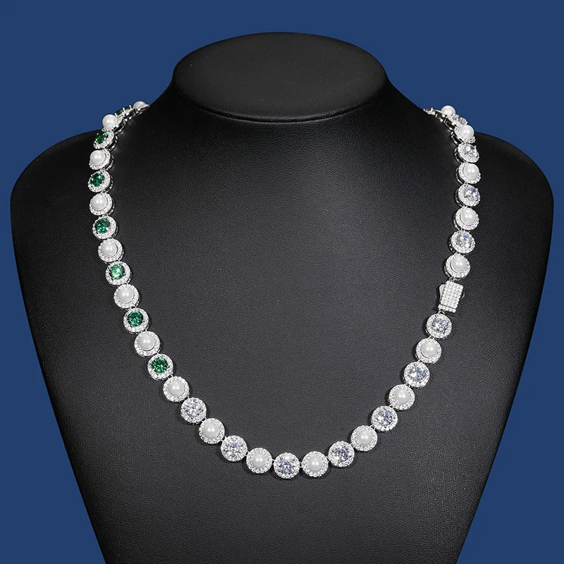 Iced Out Emerald and Pearl Tennis Chain 9.5mm - VVS1 Moissanite (Large Stone) x Cubic Zirconia (Green Stone) x 925 Sterling Silver, chain,Diamonds,Moissanite, Moissanite Jewelry