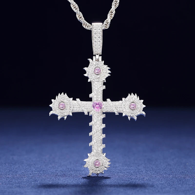 Iced out Barbed Cross Pendant - VVS1 Moissanite x 925 Sterling Silver, Diamonds,Moissanite,Pendant, Moissanite Jewelry