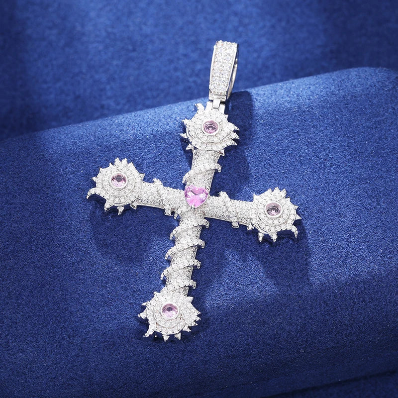 Iced out Barbed Cross Pendant - VVS1 Moissanite x 925 Sterling Silver, Diamonds,Moissanite,Pendant, Moissanite Jewelry