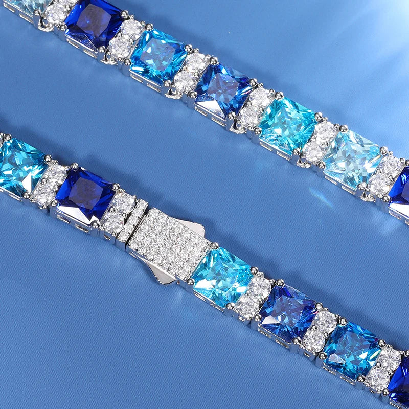 Sapphire Blue Baguette Tennis Chain 7.5mm - VVS1 Moissanite x 925 Sterling Silver, chain,Diamonds,Moissanite, Moissanite Jewelry