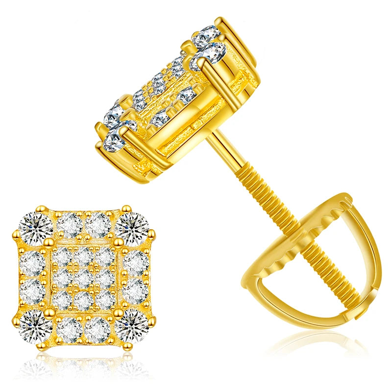 Iced Out Square Studded Studs made with 925 Sterling Silver and VVS1 Moissanite (24K Gold Plating),Material: 925 Sterling Silver Stone: VVS1 Moissanite Plating: 24K Gold Plating or Silver Add a touch of luxury to your jewelry collection with our Iced Out