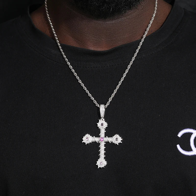 Iced out Barbed Cross Pendant - VVS1 Moissanite x 925 Sterling Silver, Diamonds,Moissanite,Pendant, Moissanite Jewelry