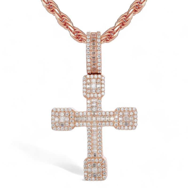 Iced out Baguette Cross Pendant - VVS1 Moissanite x 925 Sterling Silver (18K Rose Gold Plating), Diamonds,Moissanite, Moissanite Jewelry