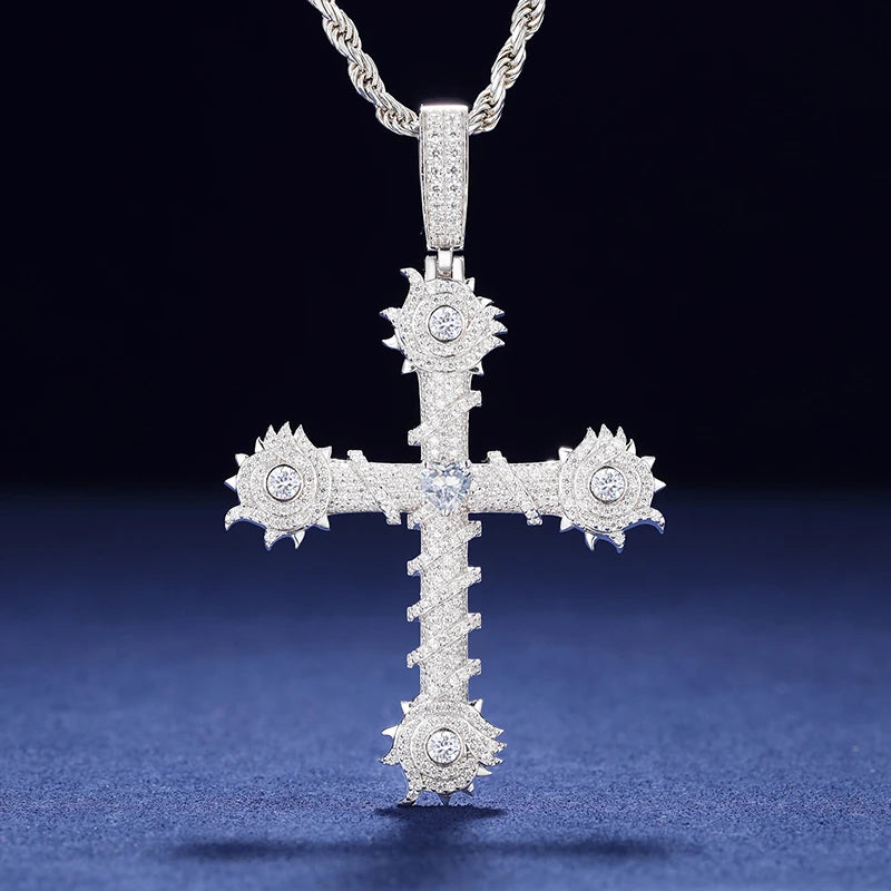 Iced out Barbed Cross Pendant - VVS1 Moissanite x 925 Sterling Silver, Diamonds,Moissanite,Pendant, Moissanite Jewelry