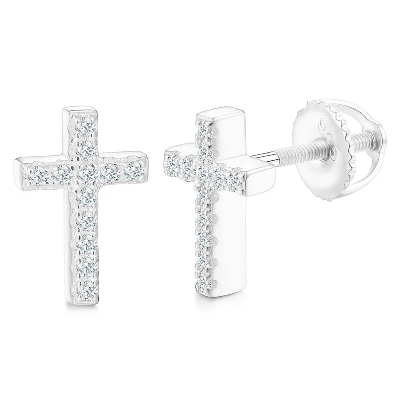 Iced Out Cross Studs made with 925 Sterling Silver and VVS1 Moissanite (24K Gold Plating),Material: 925 Sterling Silver Stone: VVS1 Moissanite Plating: 24K Gold Plating or Silver Discover the elegance and brilliance of our Iced Out Cross Studs. Expertly c