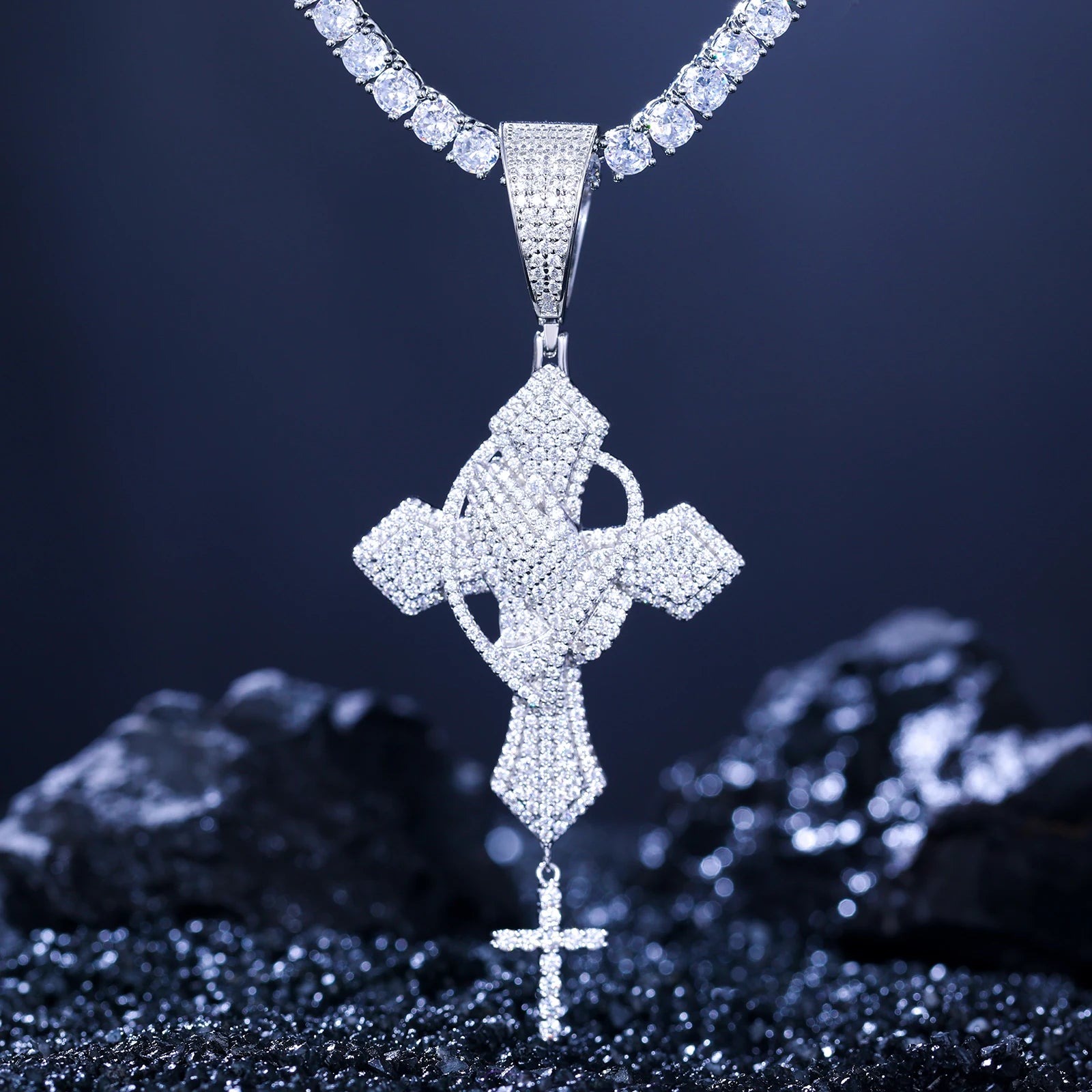 Iced Out Praying Hands Cross - VVS1 Moissanite x 925 Sterling Silver (Free Silver Chain), Diamonds,Moissanite,Pendant, Moissanite Jewelry