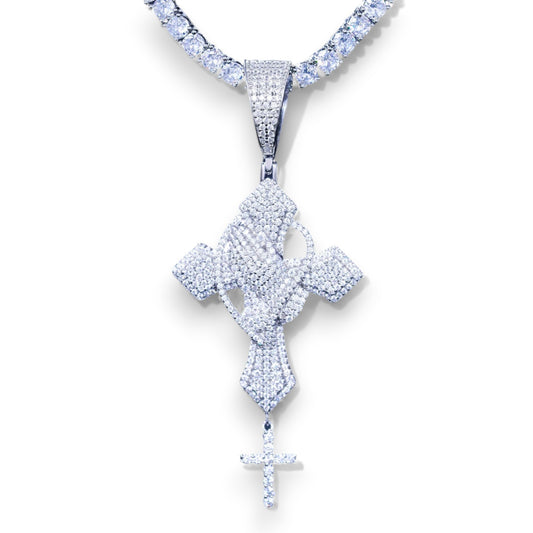 Iced Out Praying Hands Cross - VVS1 Moissanite x 925 Sterling Silver (Free Silver Chain), Diamonds,Moissanite,Pendant, Moissanite Jewelry